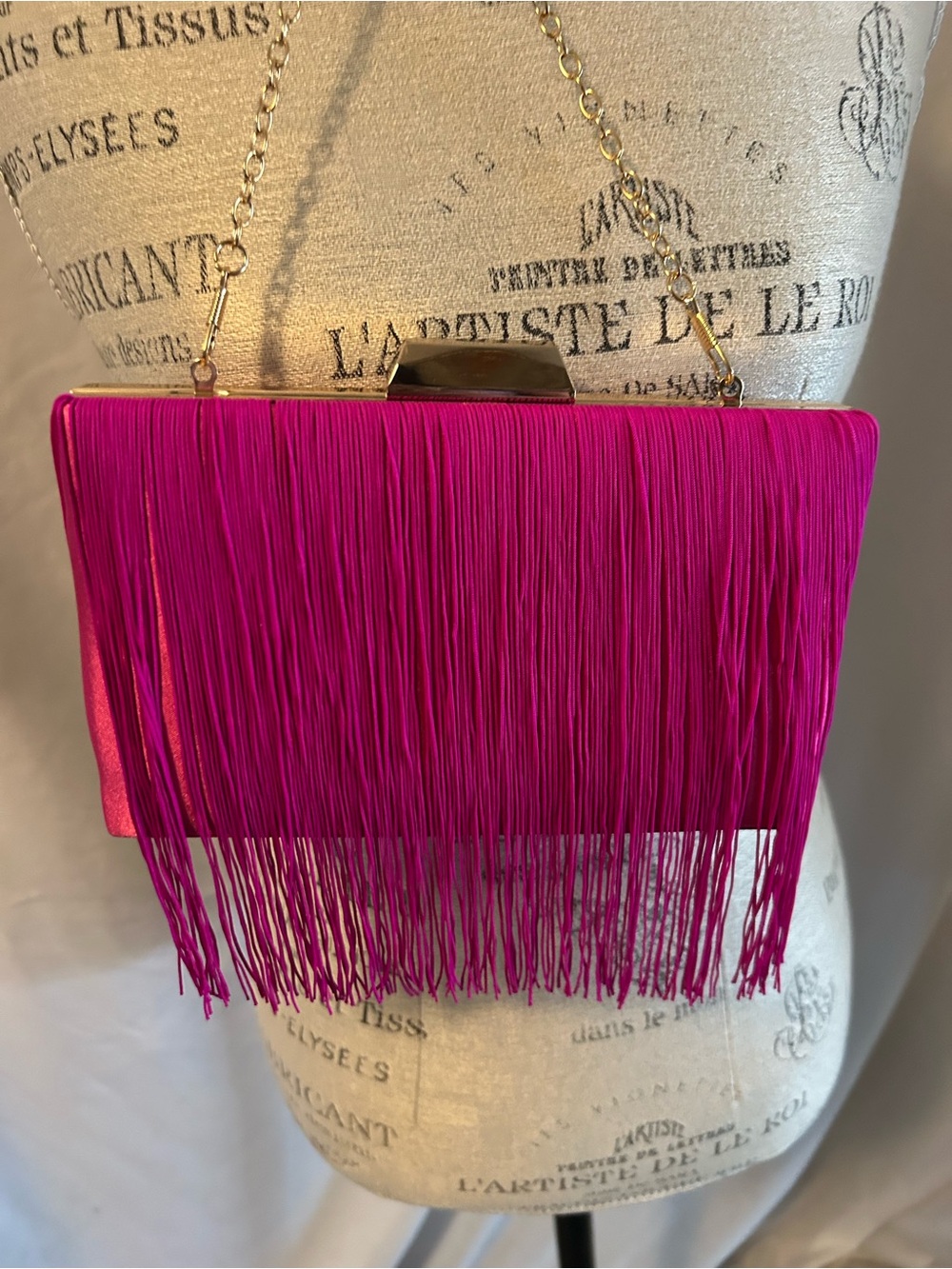 Fringe Satin Evening Clutch - Fuchsia Pink
